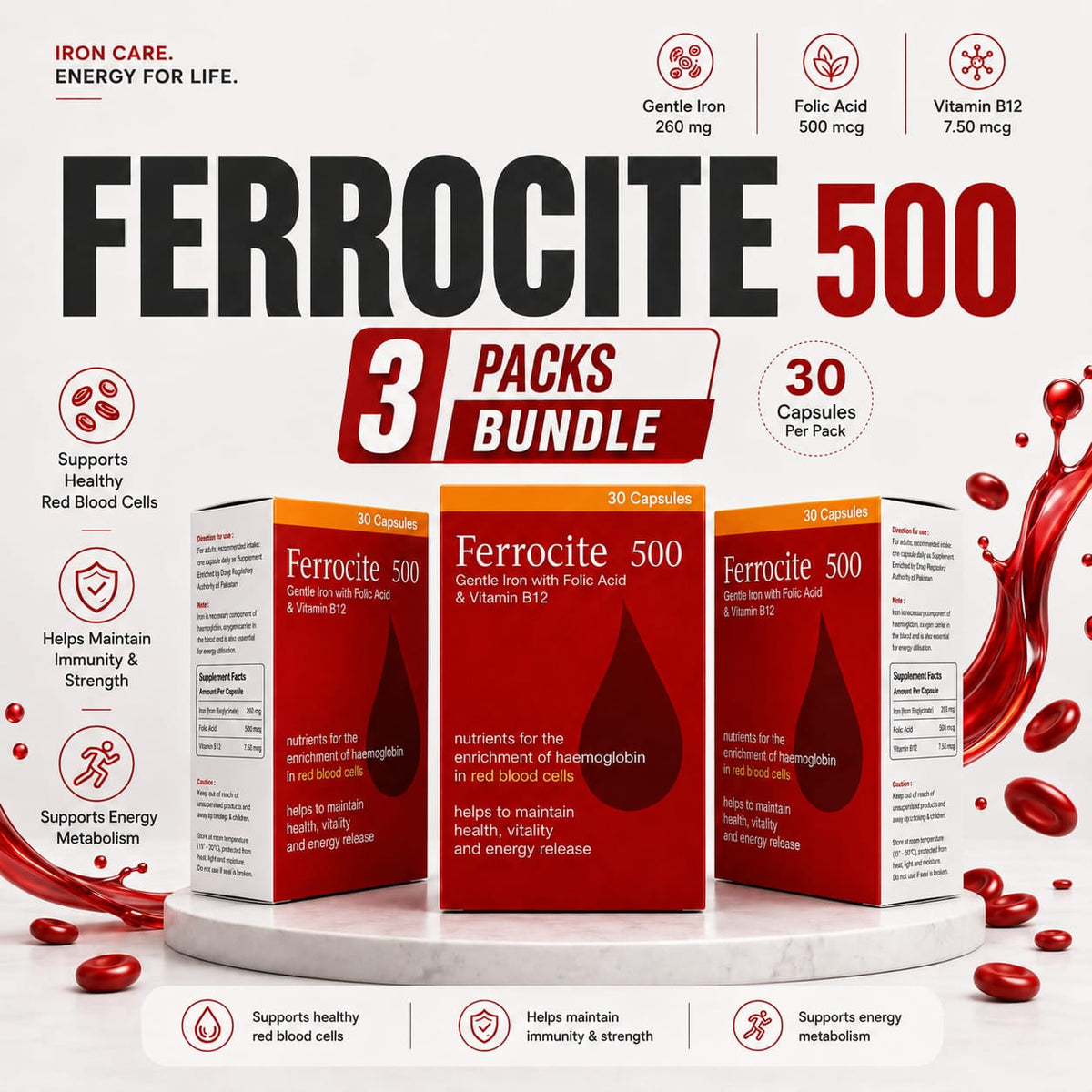 Ferrocite 500 Capsules – 3 Pack Bundle by Nutramax Healthcare
