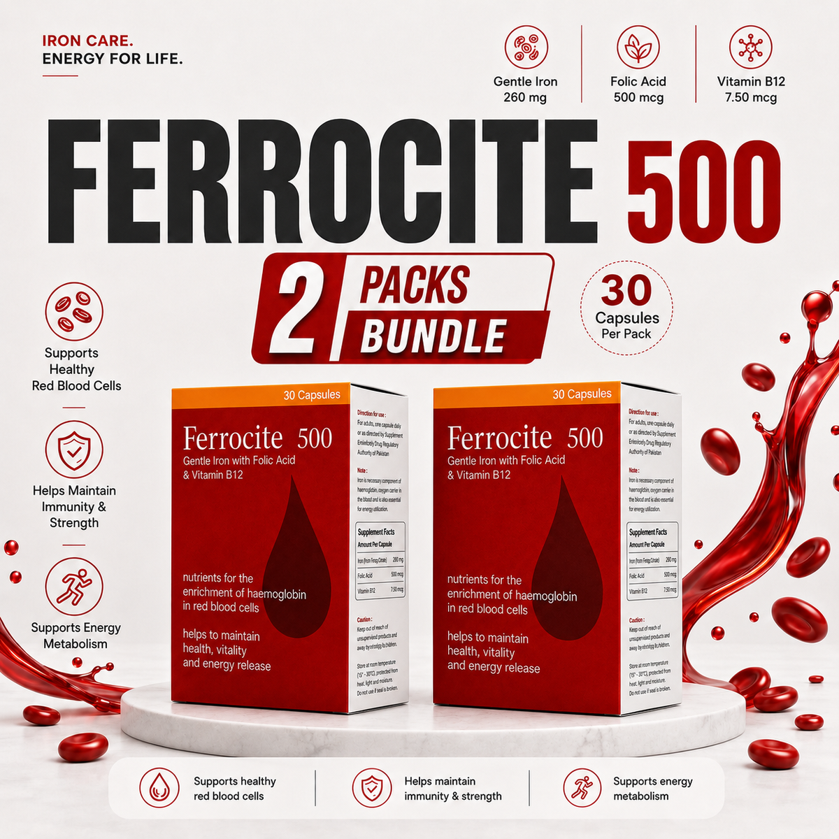 Ferrocite 500 Capsules – 2 Pack Bundle product packaging by Nutramax Healthcare