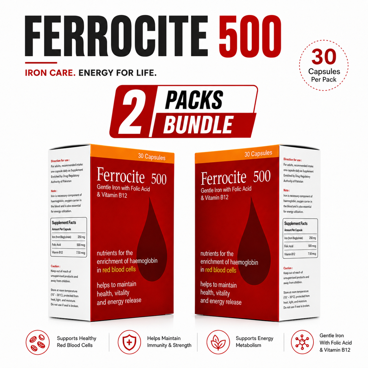 Ferrocite 500 Capsules – 2 Pack Bundle by Nutramax Healthcare